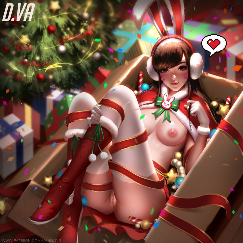 1girls areolae ass box breasts brown_hair bunny_ears christmas christmas_outfit christmas_tree d.va duplicate female female_only freckles girl_in_a_box gloves hand_on_leg headphones heart highres in_container legwear liang_xing long_hair looking_at_viewer medium_breasts nipples overwatch pussy shoes smile solo spoken_heart stockings thick_thighs thighhighs thighs uncensored