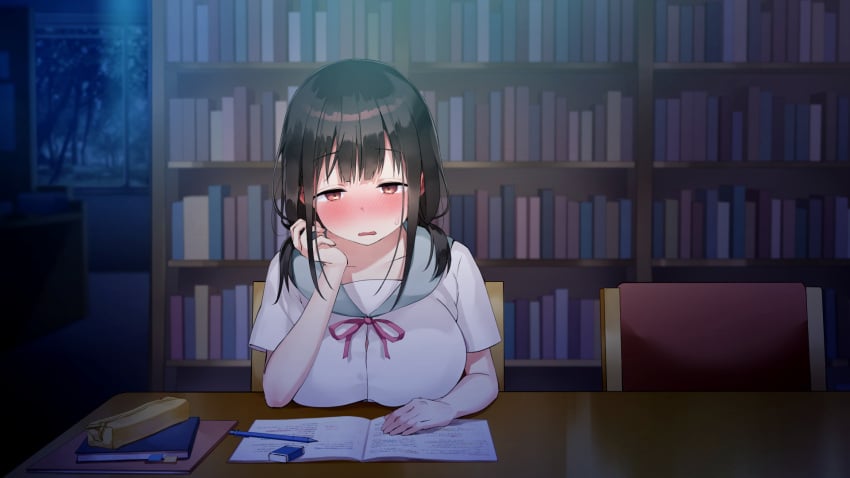 bangs black_hair blush book bookshelf bourei_kyoushi_x_kyonyuu_seito_yoru_no_gakkou_de_oitsukaretara_saigo breasts chair embarrassed eraser female female_focus half-closed_eyes hand_up head_rest highres indoors large_breasts library long_hair night nose_blush notebook orange_eyes original parted_lips pencil pencil_case school_uniform shichimi_manbou sitting solo sweatdrop table twintails waking_up window