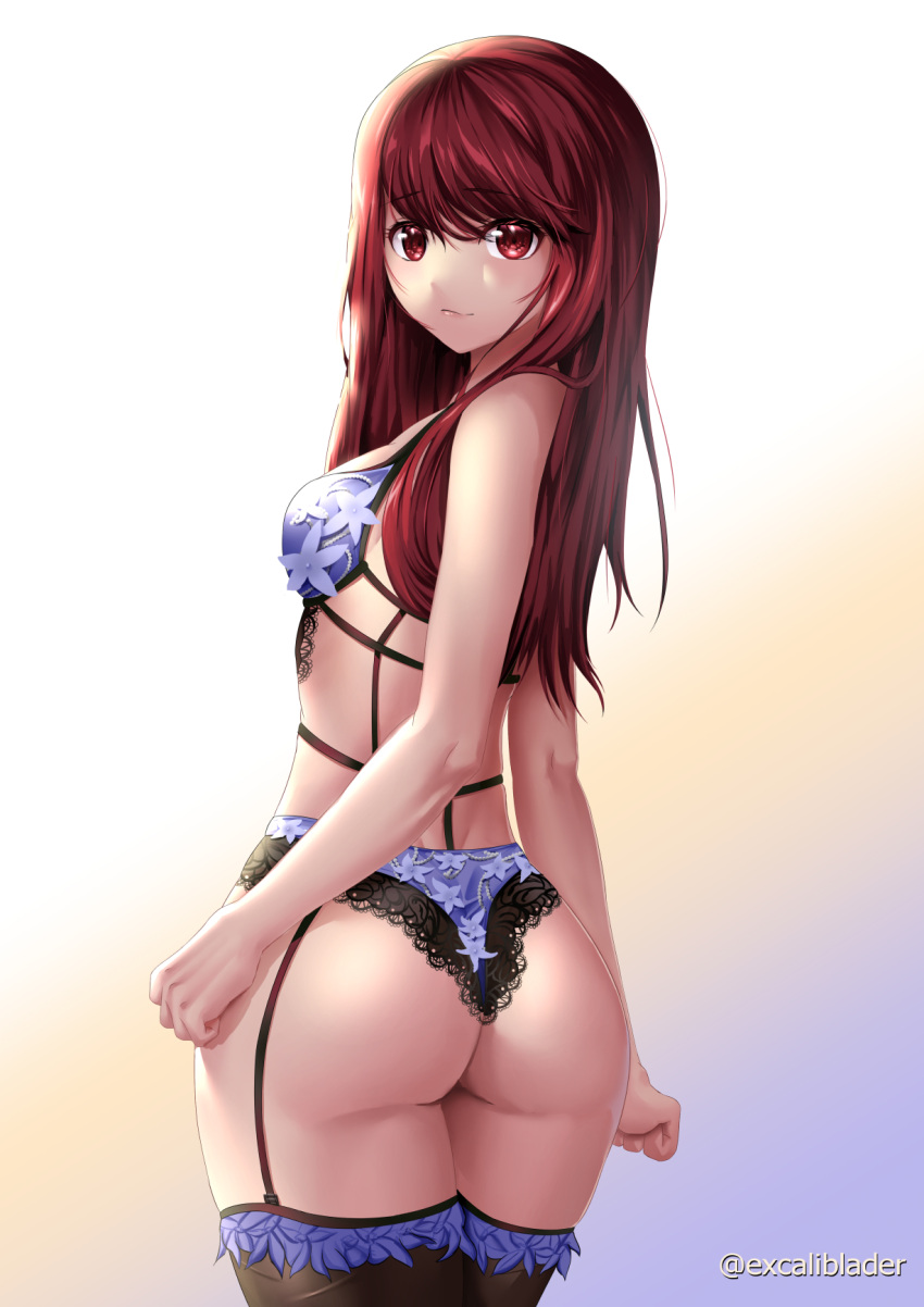 1girls ass black_legwear black_thighhighs blue_bra blue_panties bra breasts clothing excaliblader eyebrows_visible_through_hair female female_only garter_belt highres kasumi_yoshizawa legs_together lingerie long_hair looking_at_viewer matching_underwear medium_breasts megami_tensei persona persona_5 persona_5_royal red_eyes red_hair simple_background solo sumire_yoshizawa thighhighs twitter_username underwear underwear_only