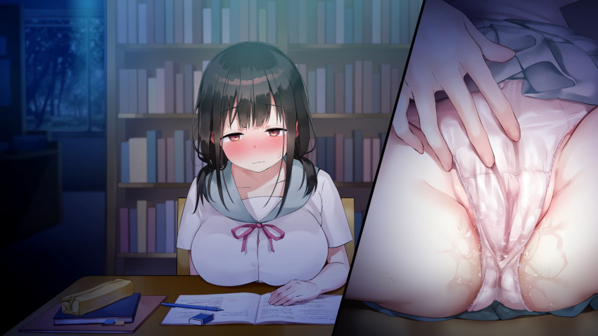 1girls bangs black_hair blush book bookshelf bourei_kyoushi_x_kyonyuu_seito_yoru_no_gakkou_de_oitsukaretara_saigo breasts cameltoe chair close-up closed_mouth eraser female female_focus fingering gluteal_fold groin half-closed_eyes highres indoors large_breasts legs library long_hair masturbation multiple_views night nose_blush notebook orange_eyes original panties pencil pencil_case pussy pussy_juice school_uniform shichimi_manbou sitting skirt solo spread_legs stealth_masturbation sweatdrop table thighs twintails underwear wet window