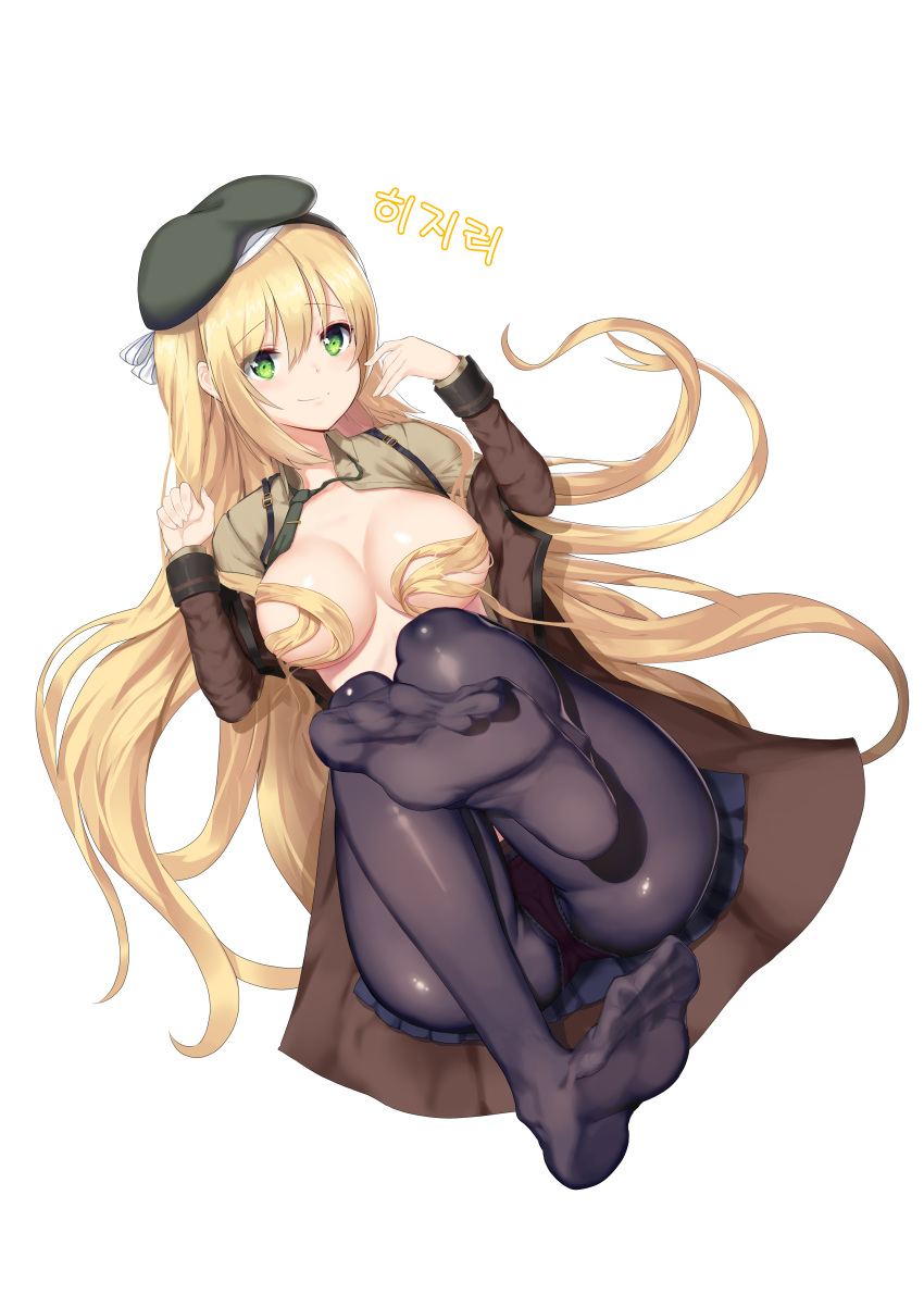 absurdres ass bad_id bad_pixiv_id bangs beret black_legwear blonde_hair blue_skirt blush breasts brown_shirt cameltoe collared_shirt eyebrows_visible_through_hair eyes_visible_through_hair feet female full_body girls'_frontline greem_bang green_eyes green_headwear green_neckwear groin hair_between_eyes hair_ornament hair_over_breasts hairband hands_up hat highres large_breasts legs_up long_hair looking_at_viewer lying m1_garand_(girls'_frontline) necktie no_bra on_back open_clothes panties pantyhose pleated_skirt purple_panties ribs shiny shiny_skin shirt sidelocks simple_background skirt smile solo thighs underwear very_long_hair white_background wing_collar