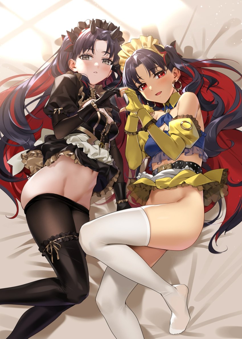 2girls belt black_eyes black_gloves black_hair blush bottomless detached_sleeves dual_persona earrings fate/grand_order fate_(series) female female_only fingerless_gloves gloves hair_ribbon ishtar_(fate) ishtar_(fate)_(all) jewelry looking_at_viewer maid_headdress multiple_girls orange_maru red_eyes ribbon space_ishtar_(fate) space_ishtar_(fate/grand_order) twintails yang-do yd_(orange_maru)