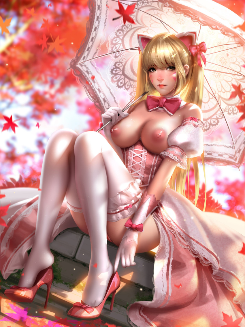 animal_ears areolae big_breasts blonde_hair bowtie breasts cat_ears corset d.va dress falling_leaves female female_only gloves high_heels highres knees_together_feet_apart leaves legwear liang_xing lips long_hair looking_at_viewer nipples outside overwatch overwatch_2 overwatch_anniversary pussy shoes sitting solo_female stockings thick_thighs thighhighs thighs umbrella white_cat_d.va