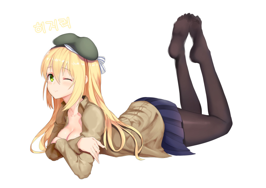 ;) absurdres bad_id bad_pixiv_id beret black_legwear blonde_hair blue_skirt breasts brown_shirt cleavage collarbone collared_shirt crossed_arms eyebrows_visible_through_hair feet female full_body girls'_frontline greem_bang green_eyes green_headwear hair_between_eyes hat highres legs_up long_hair looking_at_viewer lying m1_garand_(girls'_frontline) medium_breasts miniskirt no_shoes on_stomach one_eye_closed pantyhose pleated_skirt shiny shiny_skin shirt simple_background skirt smile soles solo the_pose toes white_background