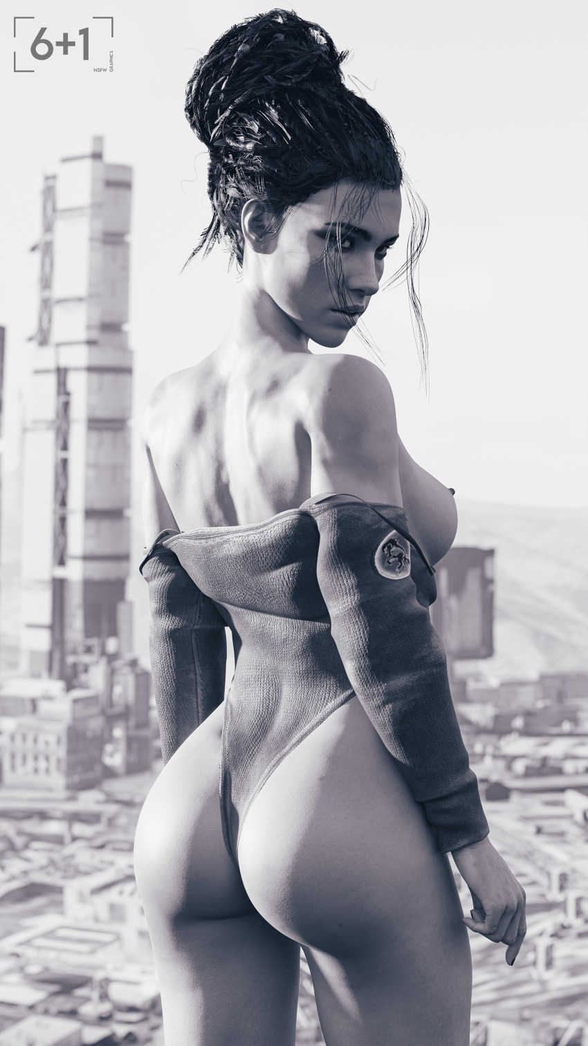 1girls 3d ass black_and_white breasts breasts_out clothing cyberpunk_2077 dat_ass female female_only leotard nipples panam_palmer sixplusone solo thong thong_leotard