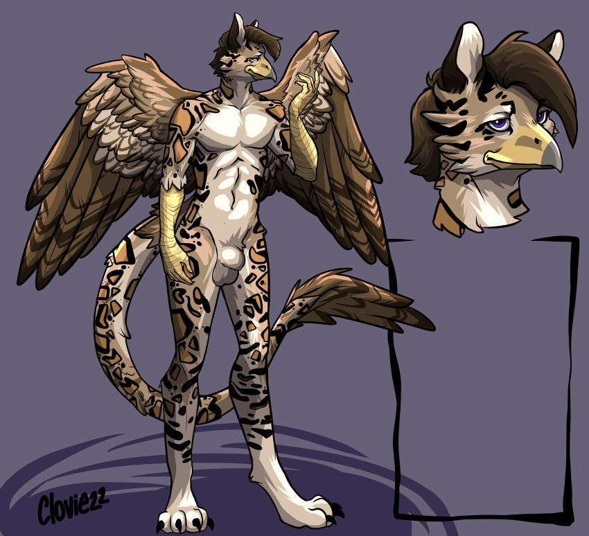 abs absurd_res animal_genitalia anthro avian balls beak claws clovie22 felid feline fully_sheathed genitals gryphon hi_res hybrid male mammal model_sheet mythological_avian mythology sheath solo spots_(marking) tail_tuft tuft wings