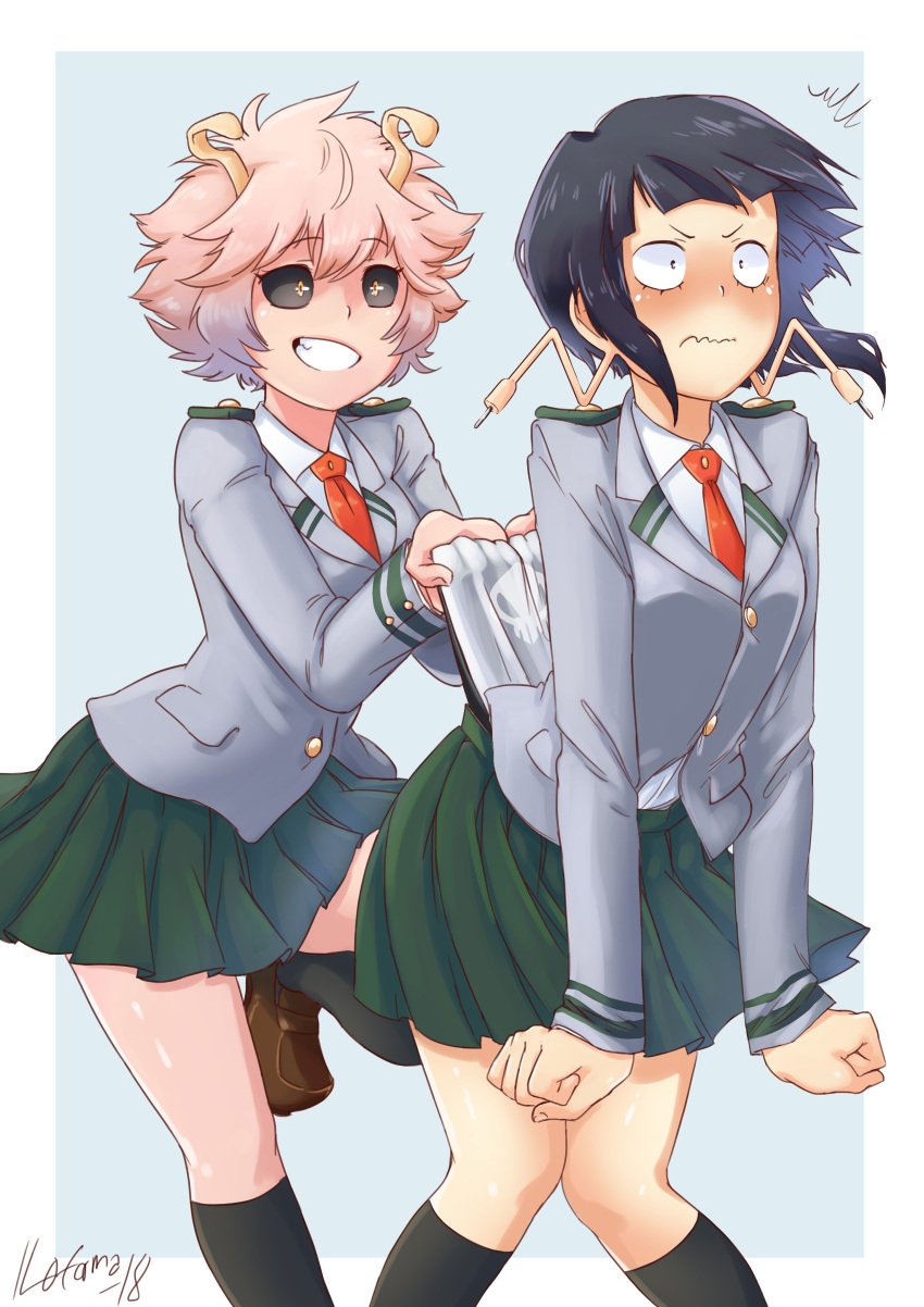 2girls black_hair black_sclera bob_cut dark_hair embarrassed female female_only horns kyoka_jiro mina_ashido multiple_females multiple_girls my_hero_academia pink_hair pink_skin pulling_panties school_skirt school_uniform schoolgirl short_black_hair short_dark_hair short_hair short_pink_hair skirt skull_panties skull_print_panties smirk u.a._school_uniform wedgie