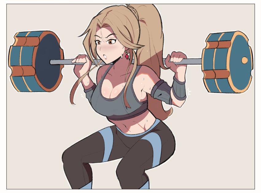 1girls cleavage clothed granblue_fantasy katalina_aryze muscle muscles ponytail sole_female sports_bra squatting tiaramisstsu weights workout