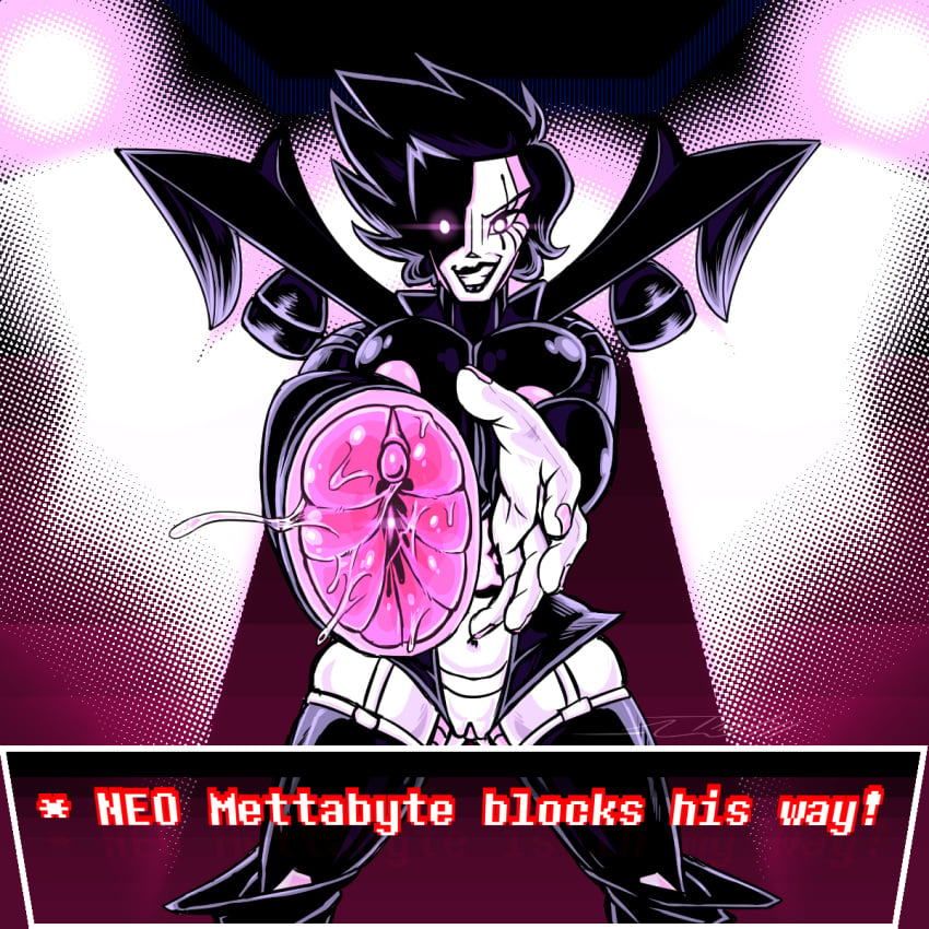 1:1 alternate_universe breast_squish breasts female glowing glowing_eyes hair hi_res humanoid looking_at_viewer machine mettabyte mettaton mettaton_neo penetrable_sex_toy robot rule_63 sex_toy short_hair smile smirk solo spotlight squish text thewill under(her)tail undertale video_games