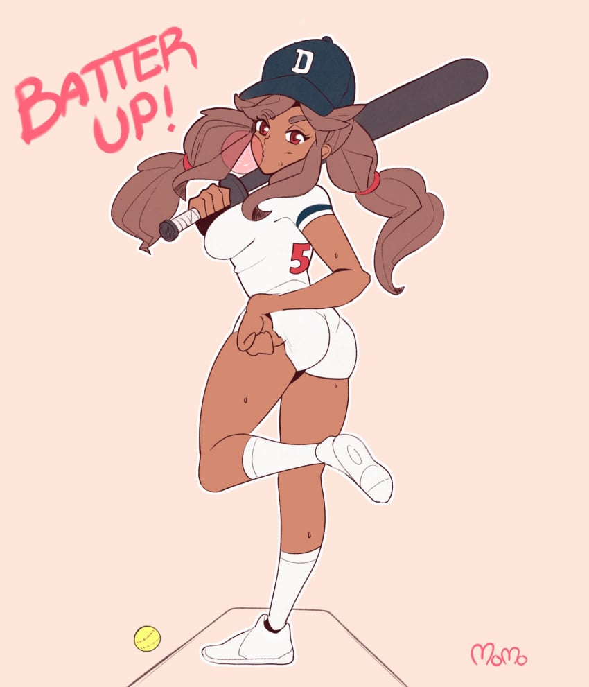 1girls ass baseball baseball_bat baseball_cap baseball_uniform bubble_gum dark_skin mari mari(tiaramisstsu) sole_female tiaramisstsu twintails wholesome