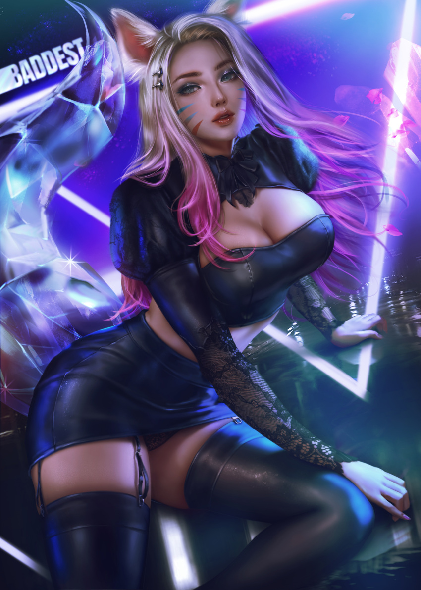 1girls ahri big_breasts blonde_hair blouse blue_eyes breasts cleavage clothed clothing crystal female female_focus female_only fox fox_ears fox_girl fox_tail garter_belt hair_ornament hips k/da_all_out_ahri k/da_all_out_series k/da_series league_of_legends logan_cure long_hair on_stage pink_hair sitting sitting_on_stage skirt solo solo_female solo_focus stage stage_lights tail the_baddest_ahri thick_thighs thighhighs thighs two_tone_hair underwear wide_hips