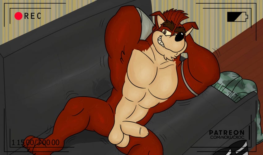 1boy anthro balls couch crash_(series) crunch_bandicoot cyborg dick fur furry goatee laying_down male male_only nokucroc nude paws penis sharp_teeth solo