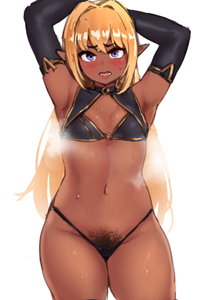 1girls armpits arms_up blush breasts cleavage cyn_(yotamono) dark-skinned_female dark_elf dark_skin elf female female_only flat_chest musk panties pointy_ears pubic_hair pubic_hair_peek small_breasts smell yotahen