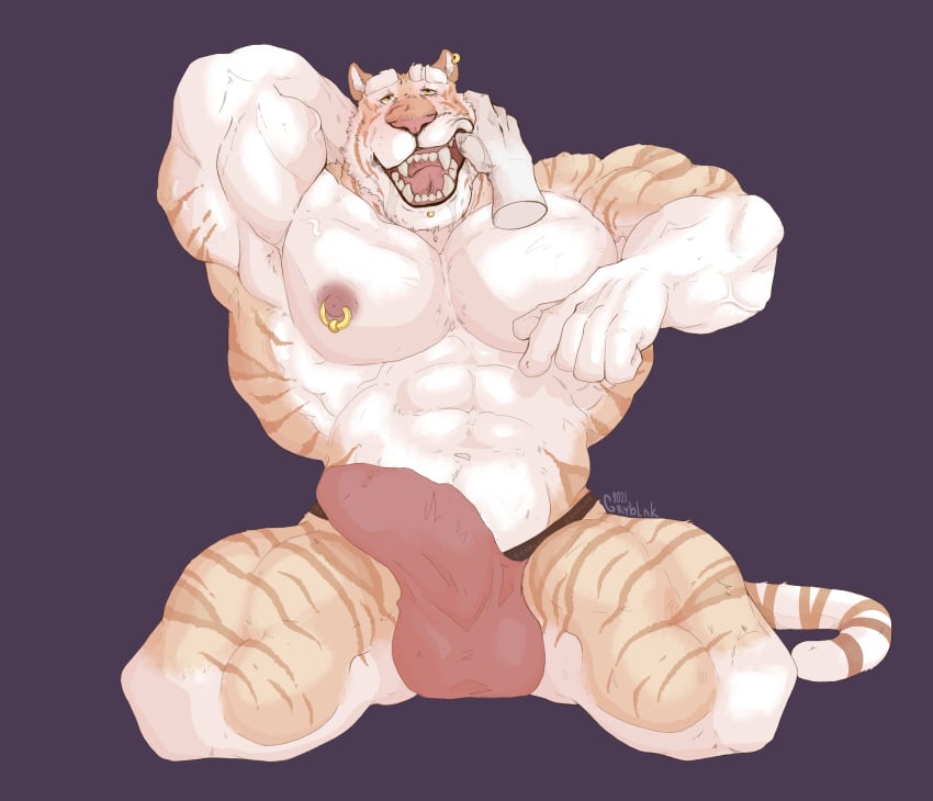 abs anthro balls_outline biceps blush bodily_fluids bulge clothing drooling erection felid fur genital_outline gryblak hi_res jockstrap looking_at_viewer looking_pleasured male mammal mouth_play muscular muscular_anthro muscular_male nipples open_mouth pantherine pecs penis_outline saliva simple_background solo stripes teeth tiger tiger_stripes tongue underwear