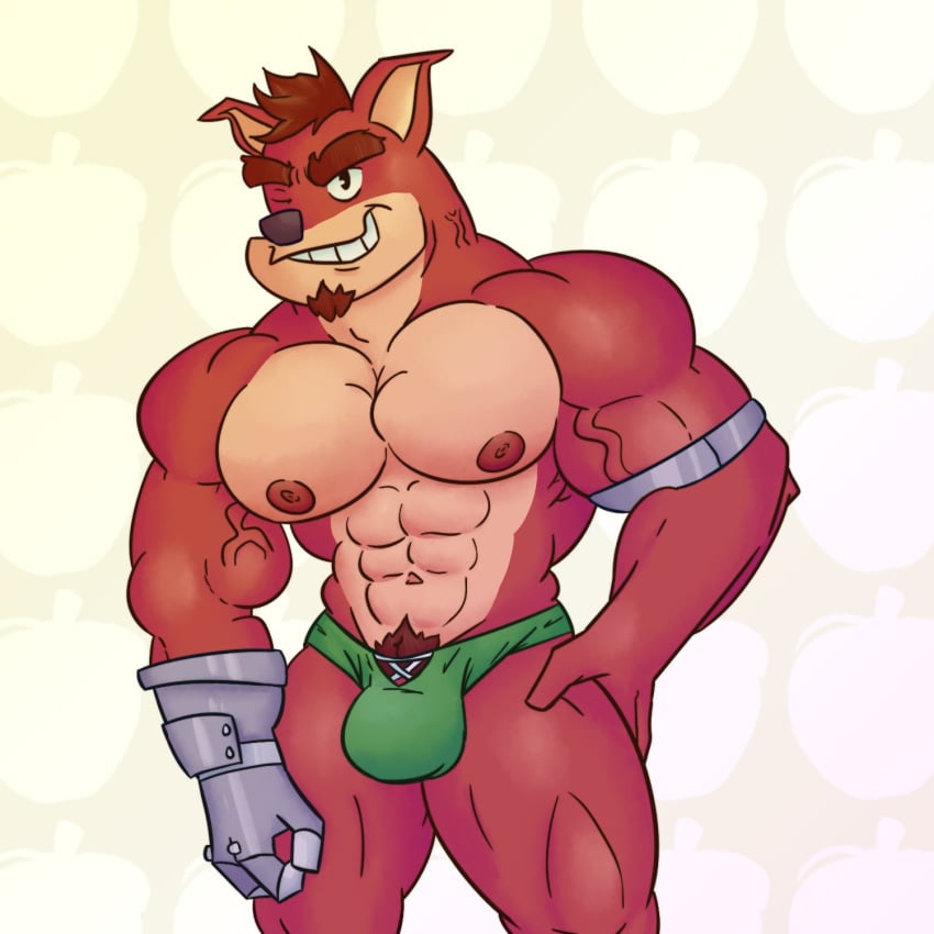 1boy anthro beefburner belly_button bulge crash_(series) crunch_bandicoot cyborg flaccid fur furry goatee male male_only muscular_male pecs pubic_hair solo solo_male stomach tagme