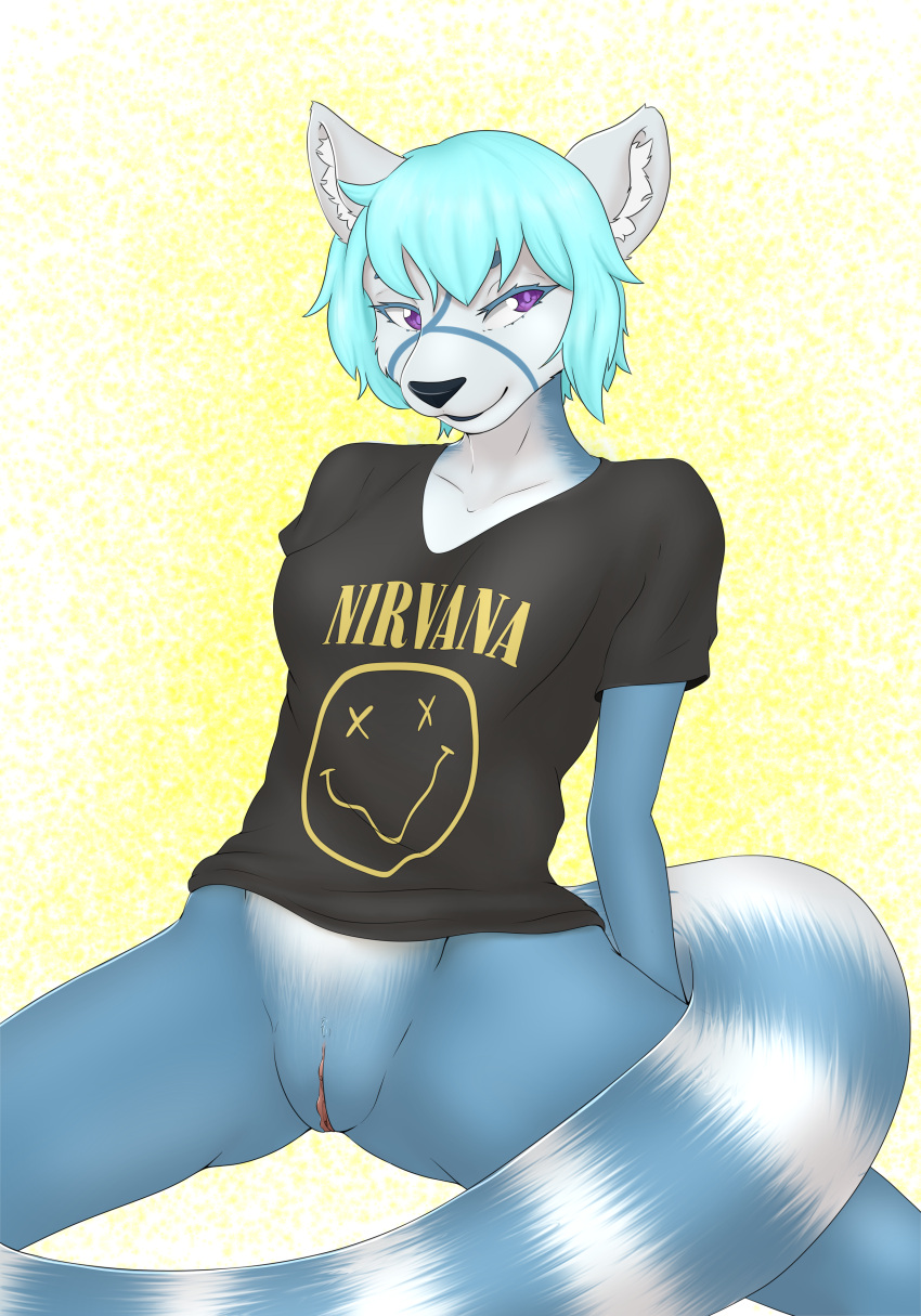 absurdres ailurid anonymous_artist anthro blue_body blue_fur blue_hair female fur furry genitals highres invalid_tag mammal nirvana_(band) nirvana_logo purple_eyes pussy red_panda sakajackson shirt solo spread_legs spreading topwear