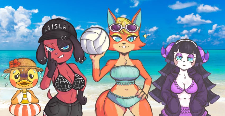 2021 4girls animal_crossing anthro audie_(animal_crossing) avian baseball_cap beach beach_background beak bikini black_eyes black_fur black_hair blue_eyes breasts brown_feathers canid canine canis cherry_(animal_crossing) cleavage duck female female_only fur furry gammainks goth group hi_res huge_breasts innertube larger_female looking_at_viewer molly_(animal_crossing) muffy_(animal_crossing) multiple_girls nintendo orange_fur pierced_ears piercing piercings red_fur sheep size_difference smaller_female sunglasses sunglasses_on_head sunhat tail tan_fur white_hair white_wool wide_hips wolf yellow_feathers