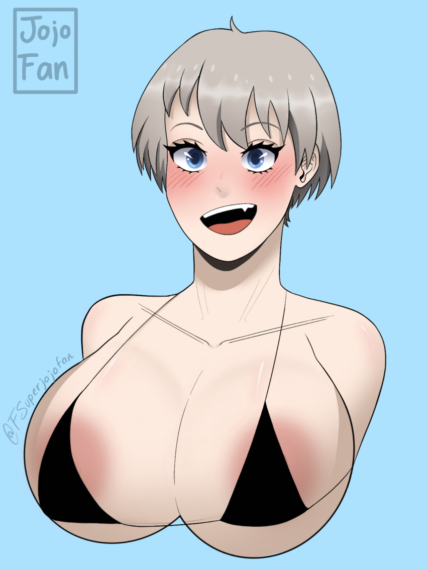 big_breasts big_eyes big_nipples blue_eyes blush breasts fsuperjojofan grey_eyebrows huge_breasts light_blue_background light_blue_eyes nipples pink_nipples short_hair smile smiling thesuperjojofan tight_clothing uzaki-chan_wa_asobitai! uzaki_hana white_hair white_skin