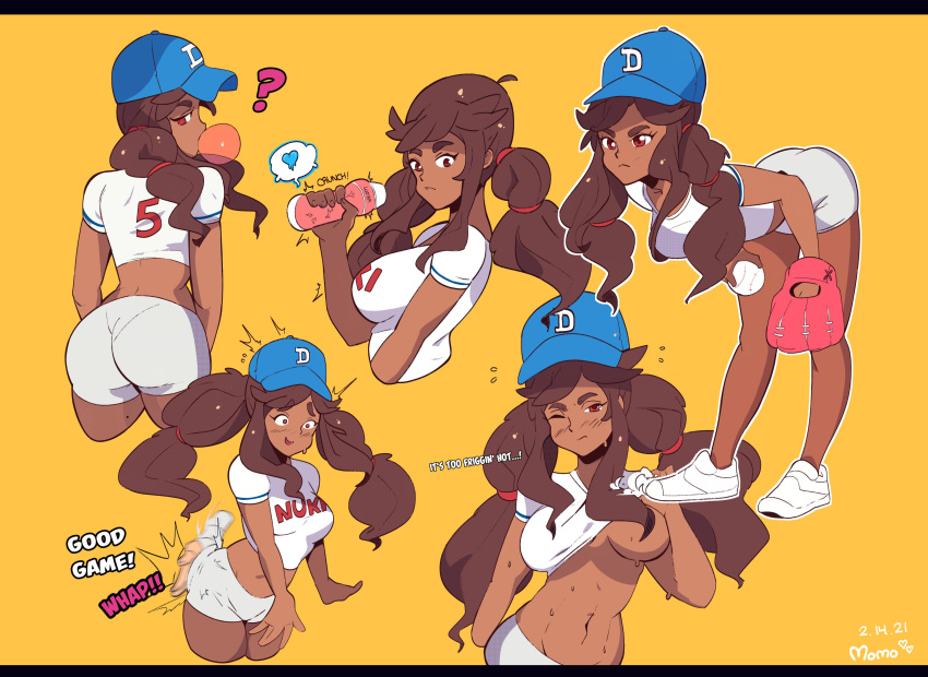 1boy 1girls ass_slap baseball baseball_cap baseball_uniform bending_over brown_hair covered_nipples dark_skin hetero heterosexual male/female mari mari(tiaramisstsu) shirt_lift sole_female tiaramisstsu