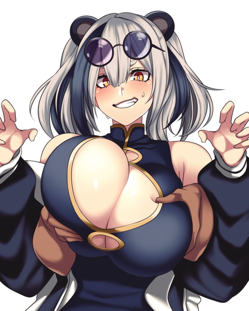 1boy 1girls arknights bare_shoulders bear_ears bear_girl big_breasts black_hair blush breast_grab breast_squeeze busty camui_kamui_(hz_666v) cleavage clenched_teeth curvaceous curvy cute dark-skinned_male dark_skin detached_sleeves embarrassed eyewear_on_head feater_(arknights) giant_breasts gigantic_breasts grope grope_chest grope_from_behind hands_on_breasts huge_breasts large_breasts light-skinned_female light_skin long_sleeves looking_at_own_breasts looking_down massive_breasts multicolored_hair naughty_face nervous nervous_smile panda_ears panda_girl sleeveless sleeveless_shirt smile sunglasses_on_head surprised sweat sweatdrop sweaty thin thin_waist top_heavy twintails two_tone_hair voluptuous white_hair yellow_eyes