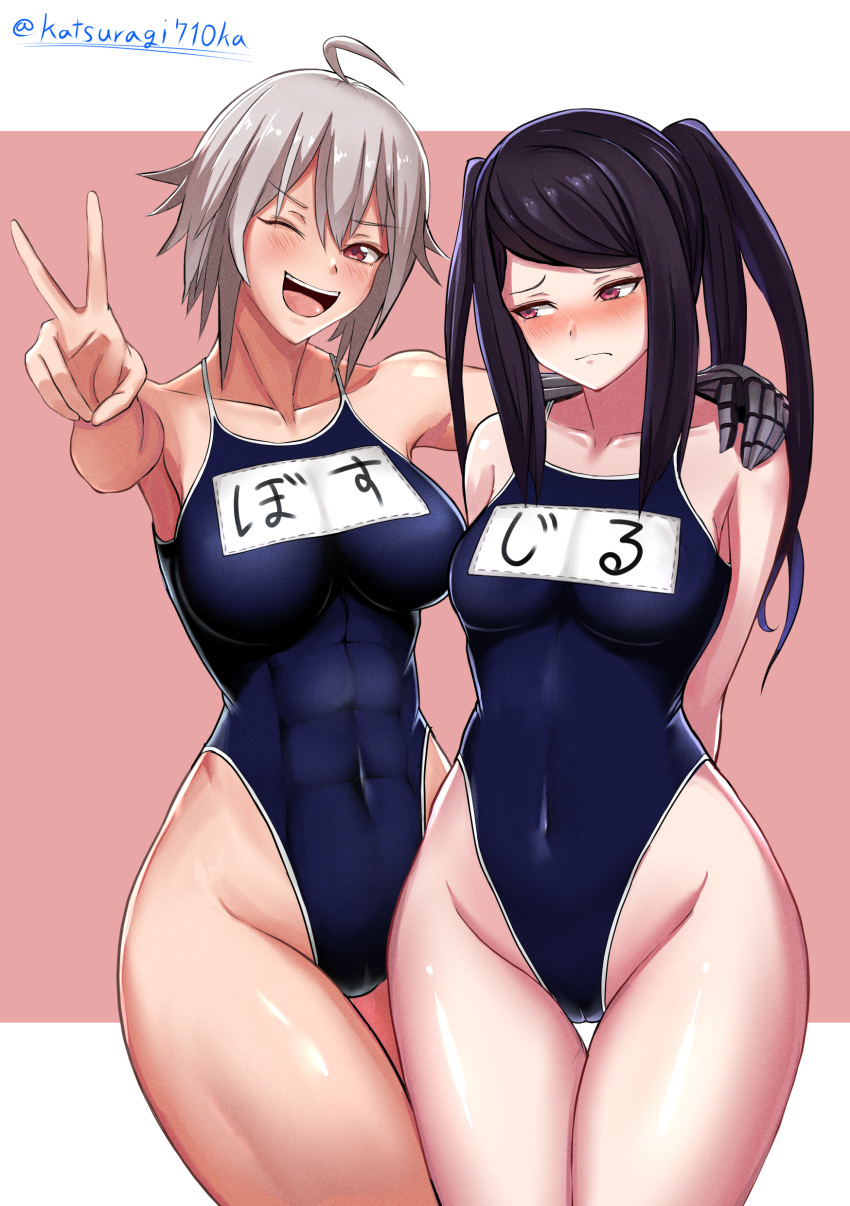 2girls abs abs_visible_through_clothing ahe_gao arms_behind_back blush dana_zane embarrassed grey_hair julianne_stingray katsuragi710ka katsuragi_nantoka long_hair one-piece_swimsuit purple_hair school_swimsuit short_hair shy swimsuit tomboy v va-11_hall-a wink