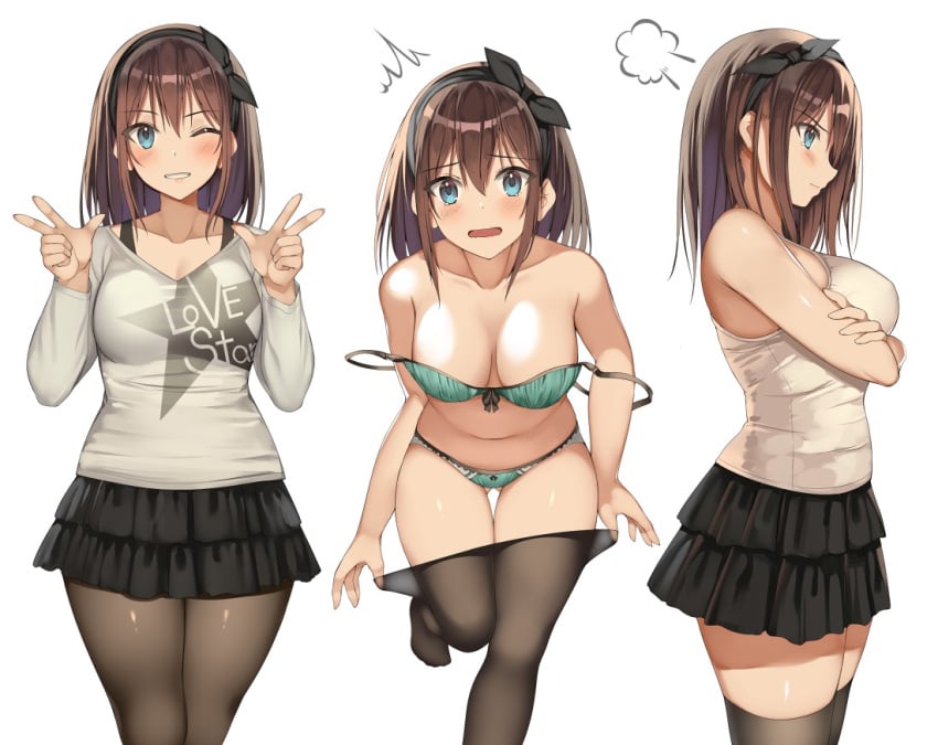 :3 bare_arms bare_shoulders black_legwear black_skirt blue_eyes bra breasts brown_hair clavicle cleavage crossed_arms double_w female female frown gluteal_fold green_bra green_panties grey_shirt grin hair_ornament hair_ribbon hands_up kureha_(ironika) large_breasts layered_skirt leaning_forward long_sleeves looking_at_viewer looking_away medium_hair miniskirt multiple_views navel one_eye_closed open_mouth original pantsu pantyhose ribbon shirt skirt sleeveless sleeveless_shirt smile solo stomach strap_slip text_on_clothes thighhighs thighs tsubasa_(kureha) underwear w zettai_ryouiki