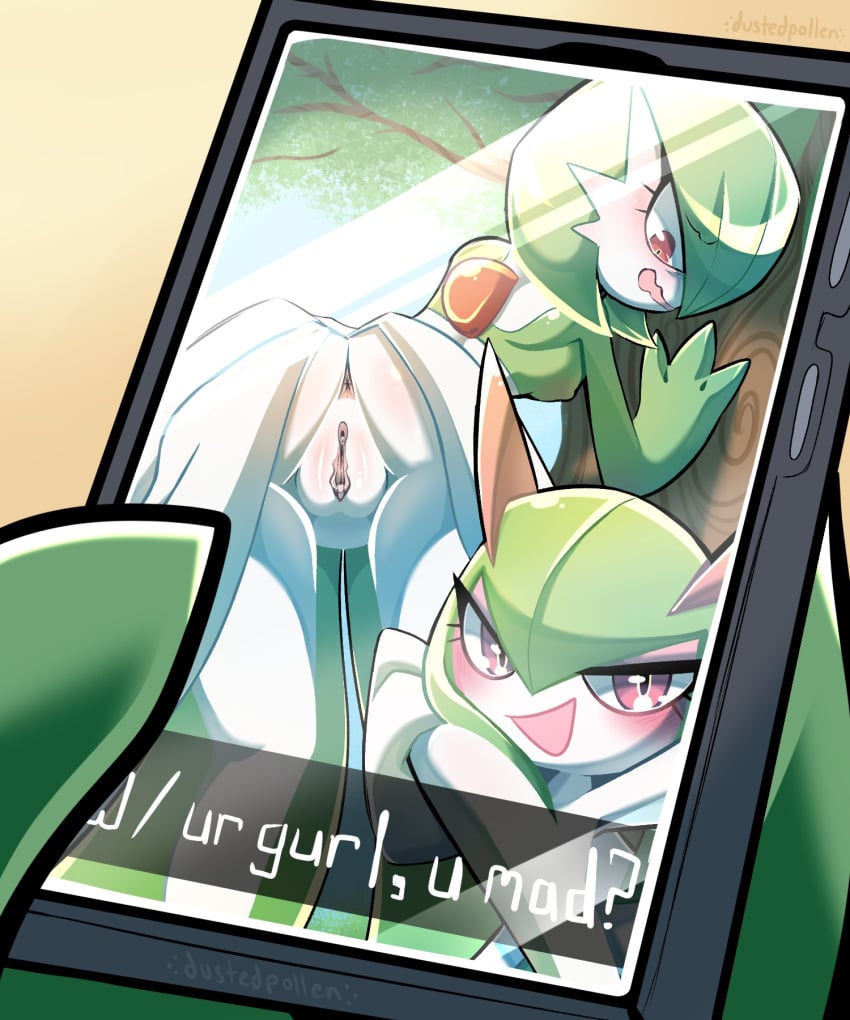 ambiguous_gender anus blush dustedpollen electronics eyeshadow female flustered gallade gardevoir generation_3_pokemon generation_4_pokemon genitals hi_res holding_leg holding_object holding_phone holding_tree kirlia looking_down_at_another makeup message nintendo nipples phone plant pokemon pokemon_(species) pussy smug tree