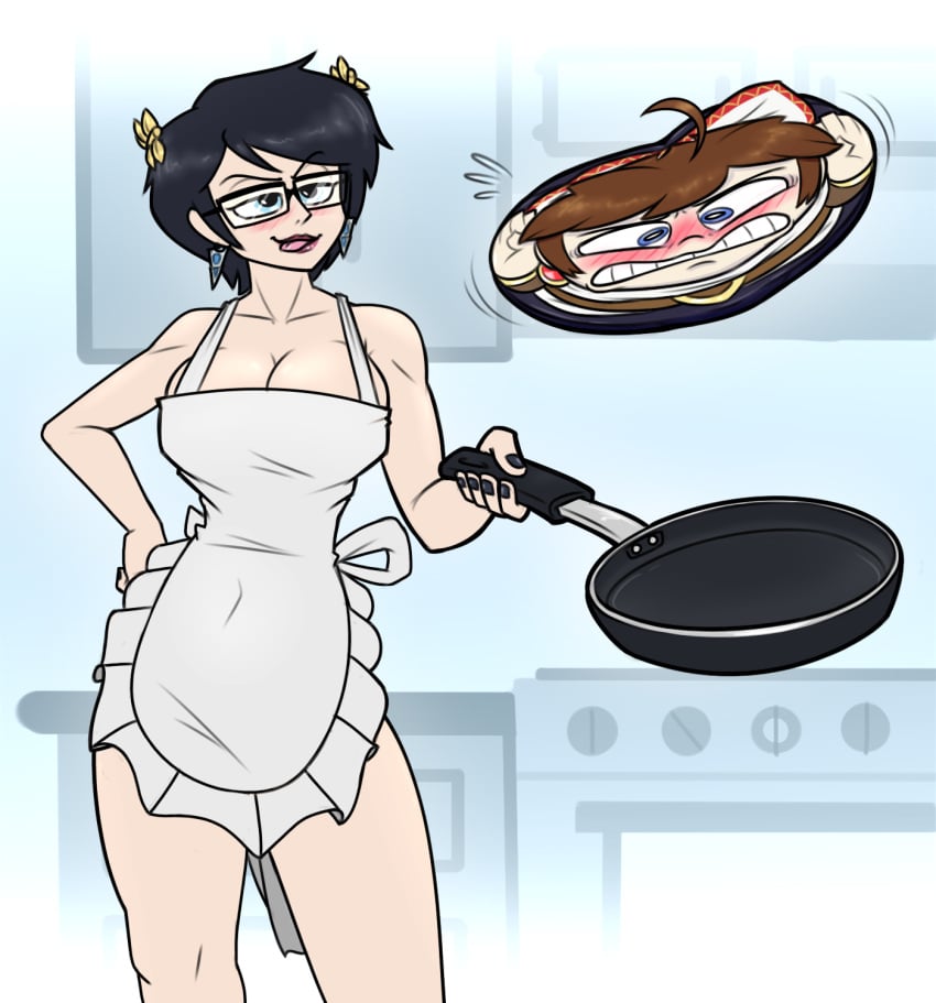 1girls apron apron_only bayonetta bayonetta_(character) cooking flattened food_transformation inanimate_transformation kid_icarus kitchen nintendo noh-buddy pit_(kid_icarus)