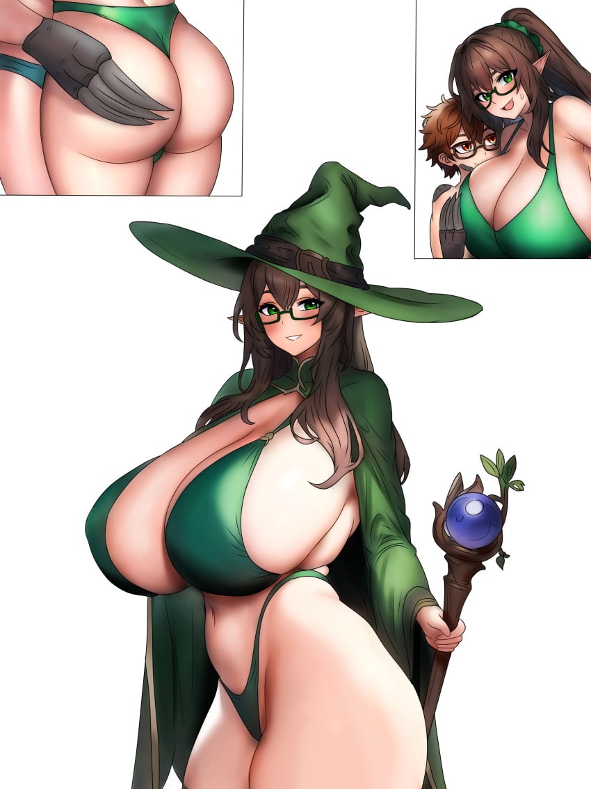 1boy 1girls age_difference big_ass big_breasts big_butt blue_underwear blush brown_haired_glasses_elf_(houtengeki) chorquistudios claws dominant_male dominated_female elf elf_female elf_girl female glasses grabbing_ass grabbing_breasts green_bikini green_witch_hat houtengeki huge_ass huge_breasts huge_butt hybrid laying_down laying_on_breasts looking_pleasured magic_staff milf monster_boy pervert ponytail raptor reptile reptile_humanoid scale scales scalie_humanoid size_difference slut slutty_clothing slutty_outfit smile witch witch_hat