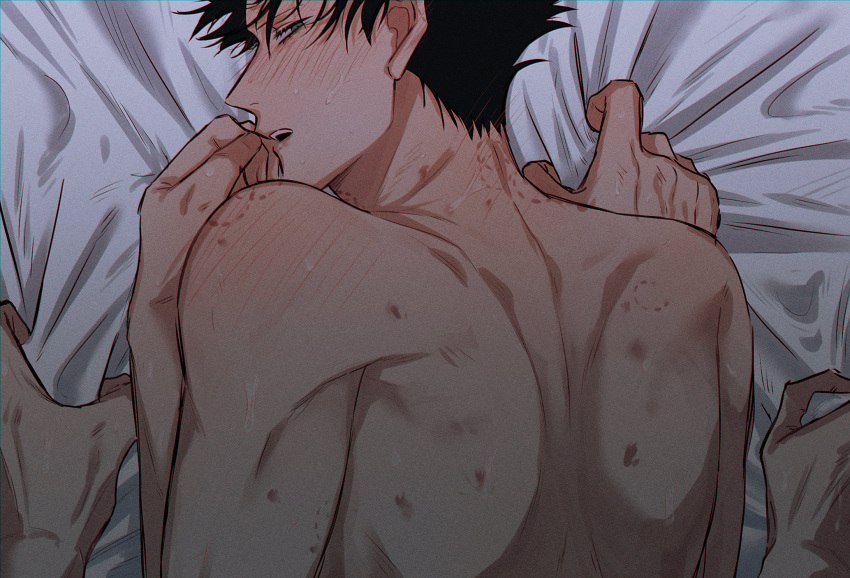 2boys back bed bed_sheet bite_mark bite_mark_on_back bite_mark_on_neck bite_mark_on_shoulder black_hair blush completely_nude from_behind full-face_blush fushiguro_megumi fushirun_rung gay gay_sex green_eyes hickey implied_sex jujutsu_kaisen looking_at_viewer looking_back male_focus multiple_boys nude open_mouth sex sex_from_behind sheet_grab short_hair shoulder_blades solo_focus spiked_hair yaoi