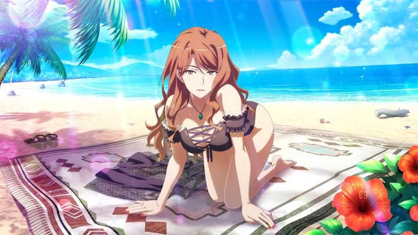 all_fours ass_visible_from_the_front bare_legs bare_shoulders bare_thighs barefoot beach big_breasts bikini black_bikini breasts brown_eyes brown_hair cleavage collarbone feet long_hair mugino_shizuri nail_polish necklace ocean official_art outdoors parted_lips red_nails smile thighs to_aru_majutsu_no_index toes towel