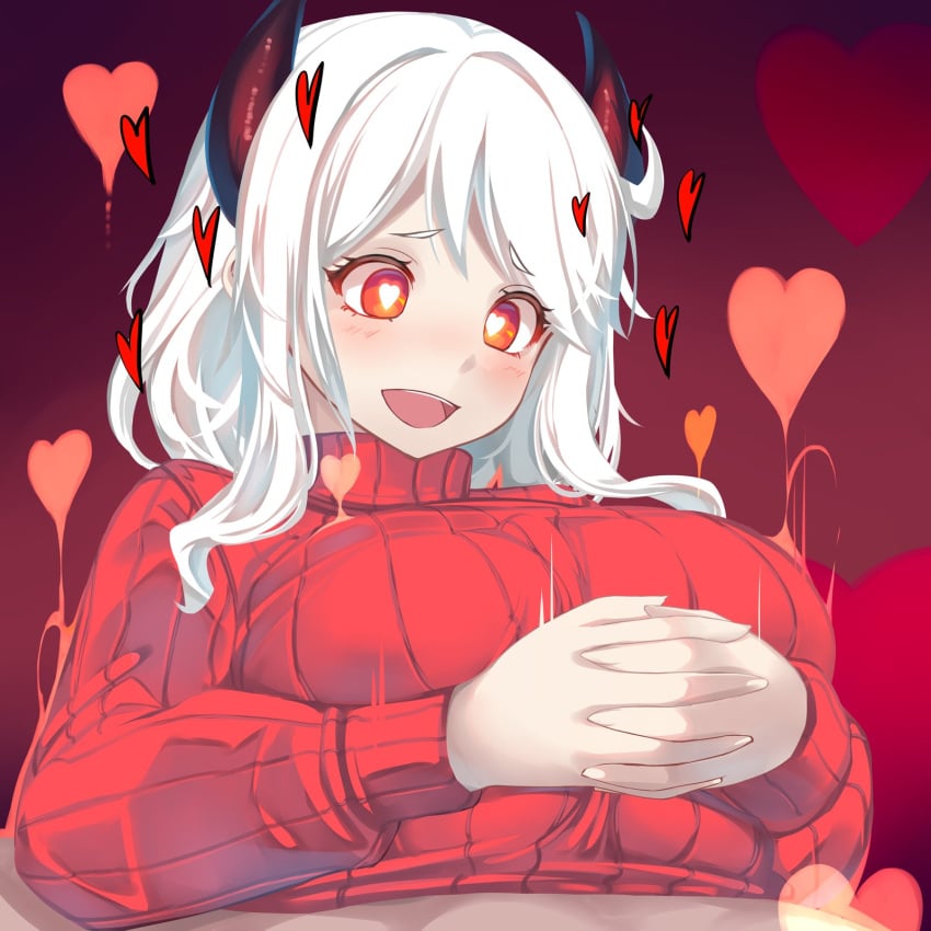 1boy 1girls boobjob breasts demon demon_girl heart heart_eyes helltaker huge_breasts light-skinned_female light-skinned_male light_skin modeus_(helltaker) paizuri psyg2 red_eyes shiki_(psychedelic_g2) smile sweater tagme unseen_male white_hair