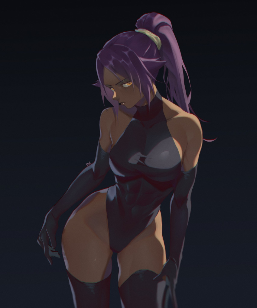 1girls abs abs_visible_through_clothing big_breasts black_elbow_gloves black_thighhighs black_thong_leotard bleach bleach:_the_thousand-year_blood_war breasts busty curvy dark-skinned_female dark_skin elbow_gloves female female_only izei1337 leotard long_hair muscular muscular_female ninja ponytail purple_hair shihouin_yoruichi skintight solo thigh_gap thighhighs thong_leotard wide_hips