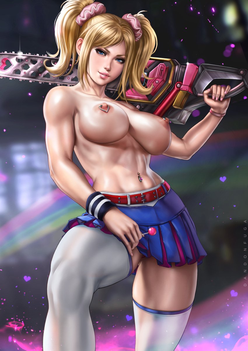 1girls abs alternate_version_available big_breasts blonde_hair blue_eyes breasts breasts_out chainsaw child_bearing_hips dandon_fuga female female_focus female_only fit fit_female hips holding_weapon juliet_starling large_breasts lollipop_chainsaw looking_at_viewer muscular muscular_female navel nipple_piercing nipples piercing skirt solo solo_female solo_focus suda_51 thighhighs thighs toned toned_female topless twintails