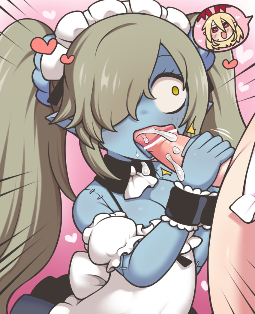 blowjob cum disgaea disgaea_1 disgaea_5 ejaculation flonne flonne_(fallen_angel) futa_on_female futanari handjob maid maid_(disgaea) maid_headdress maid_uniform nippon_ichi_software penis rantanatan zombie_girl