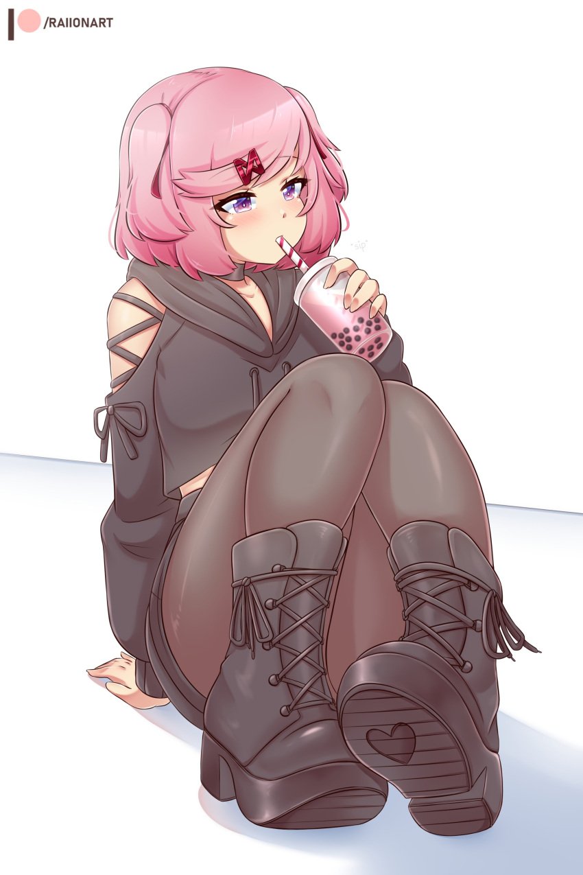 1girls blush boots doki_doki_literature_club drinking female female_only hoodie legs_together natsuki_(doki_doki_literature_club) pantyhose petite petite_body petite_female pink_hair purple_eyes raionart short_hair sitting solo teenager thick_thighs tied_hair x_hair_ornament