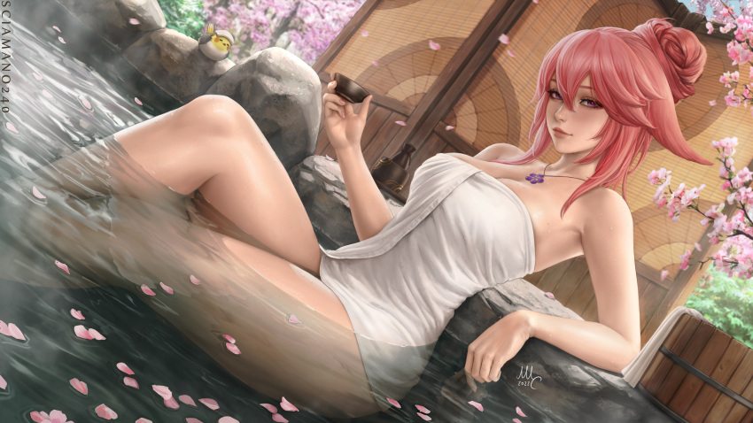 1girls big_breasts bird breasts bucket cherry_blossoms cover female female_only flower genshin_impact highres holding_object hot_spring looking_at_viewer medium_breasts necklace onsen outdoors petals pink_hair sciamano240 sitting solo towel water wet yae_miko