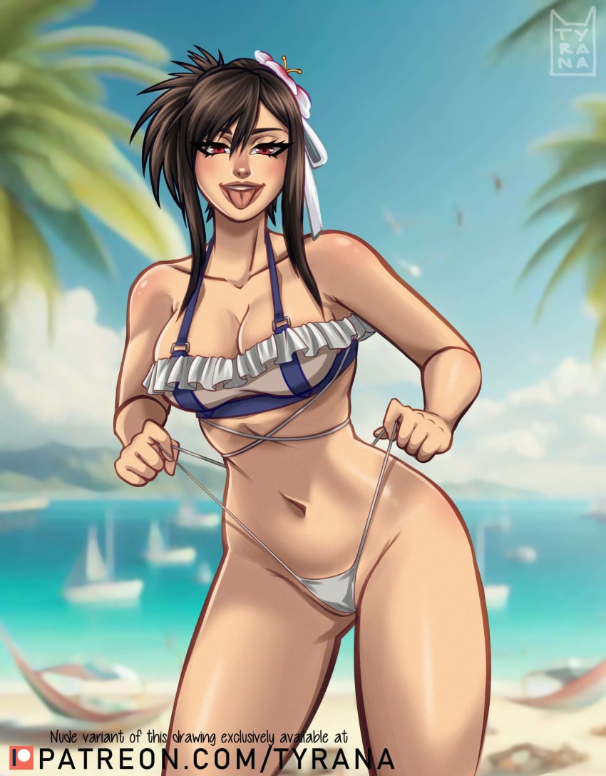 beach beach_background bikini black_hair final_fantasy final_fantasy_vii flower_in_hair looking_at_viewer pulling_clothing red_eyes suggestive suggestive_gesture suggestive_look suggestive_pose swimsuit thick_thighs thighs tifa_lockhart tongue_out tyrana