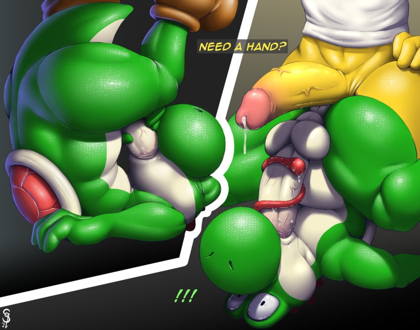 anthro autofellatio balls bodily_fluids clothing cum dinosaur duo erection fellatio gay genital_fluids genitals humanoid_genitalia humanoid_penis koopa koopa_troopa male male/male male_only mario_(series) masturbation nintendo nude oral oral_masturbation penetration penile penile_masturbation penis reptile scalie sex simple_background squeeshy tongue video_games yoshi