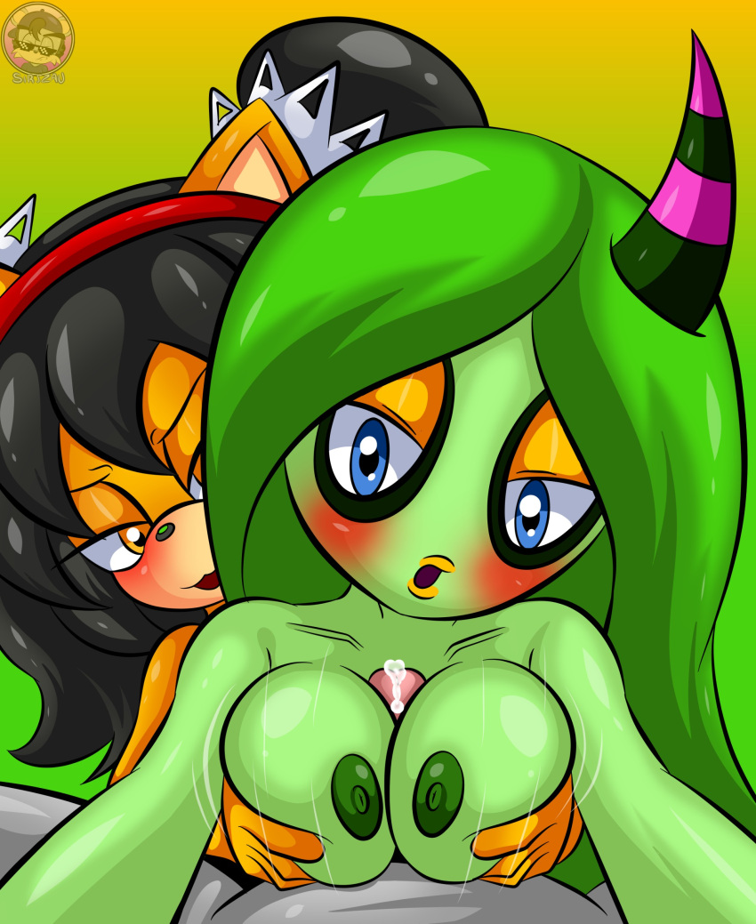 2d absurd_res accessory anthro black_hair blue_eyes bodily_fluids breast_grab breasts cum deadly_six ejaculation felid feline female female/female first_person_view fur genital_fluids green_body green_hair group hair hair_accessory hairband half-closed_eyes hand_on_breast hi_res honey_the_cat horn lipstick long_hair looking_at_another looking_at_partner looking_at_viewer makeup male male/female mammal narrowed_eyes nipples nude paizuri pov_titfuck precum sega sirjzau sonic_(series) sonic_lost_world sonic_the_fighters sonic_the_hedgehog_(series) the_deadly_six titfuck trio yellow_body yellow_eyes yellow_fur zeena zeti zeti_(species)