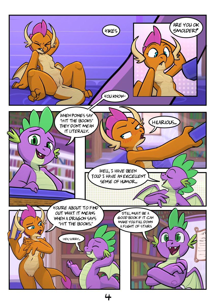 absurd_res anthro anus blush casual_exposure casual_nudity comic comic_page dialogue dragon duo elicitie english_text female friendship_is_magic genitals hasbro hi_res male male/female my_little_pony mythological_creature mythological_scalie mythology page_4 page_number pussy scalie smolder_(mlp) spike_(mlp) spines spread_legs spreading text wings