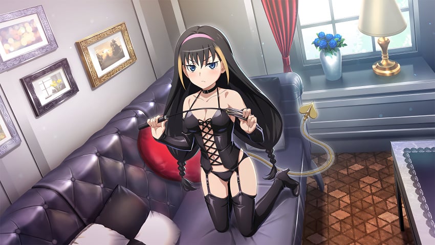 bare_shoulders belly_button black_hair black_panties blue_eyes blush bondage_outfit breasts cleavage closed_mouth collarbone corset couch detached_sleeves dominatrix garter_belt garter_straps hairband high_heels lessar_(to_aru_majutsu_no_index) long_hair multicolored_hair official_art on_knees panties small_breasts succubus tail thigh_boots to_aru_majutsu_no_index underwear