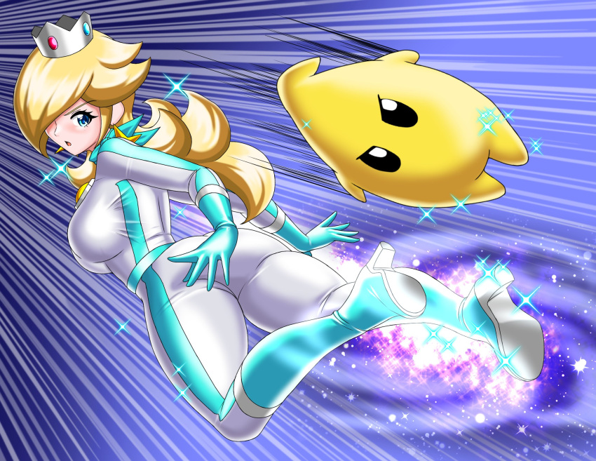 5_fingers alternate_costume ass blonde_hair bodysuit breasts crown female female_only hair hi_res human irohazakayouth jpeg luma mario_(series) mario_kart nintendo princess_rosalina shiny_clothes solo tight_clothing