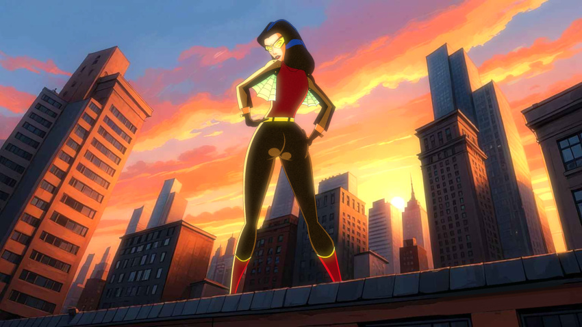 1girls ass big_ass black_hair bodysuit city_background curvy curvy_female dat_ass female female_only fully_clothed hand_on_ass hand_on_hip human human_only jessica_drew light-skinned_female light_skin lower_view marvel marvel_comics rooftop showing_ass solo spider-man_(series) spider-woman spider-woman_(jessica_drew) sunset superheroine thick thick_ass thick_thighs tight_clothing webart20 wide_hips