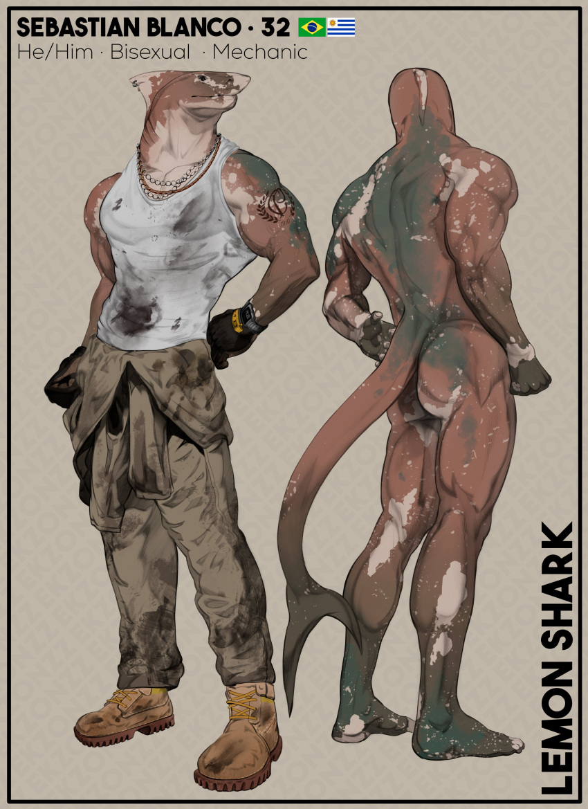 absurd_res anthro ass biped bottomwear clothing ekzonzz fin fish hi_res male marine model_sheet muscular muscular_anthro muscular_male pants ring_piercing shark shirt standing tail tank_top tattoo topwear