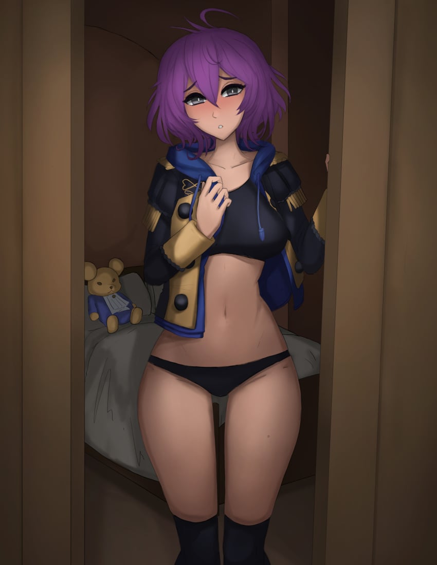 1girls bare_midriff bare_thighs bed bedroom bernadetta_von_varley black_eyes black_panties breasts door female female_only fire_emblem fire_emblem:_three_houses fraudulenttaco garreg_mach_monastery_uniform hair_between_eyes hoodie indoors kneehighs looking_at_viewer medium_breasts medium_hair midriff nintendo open_mouth opening_door panties pillow plushie purple_hair solo tank_top teddy_bear thighs underwear