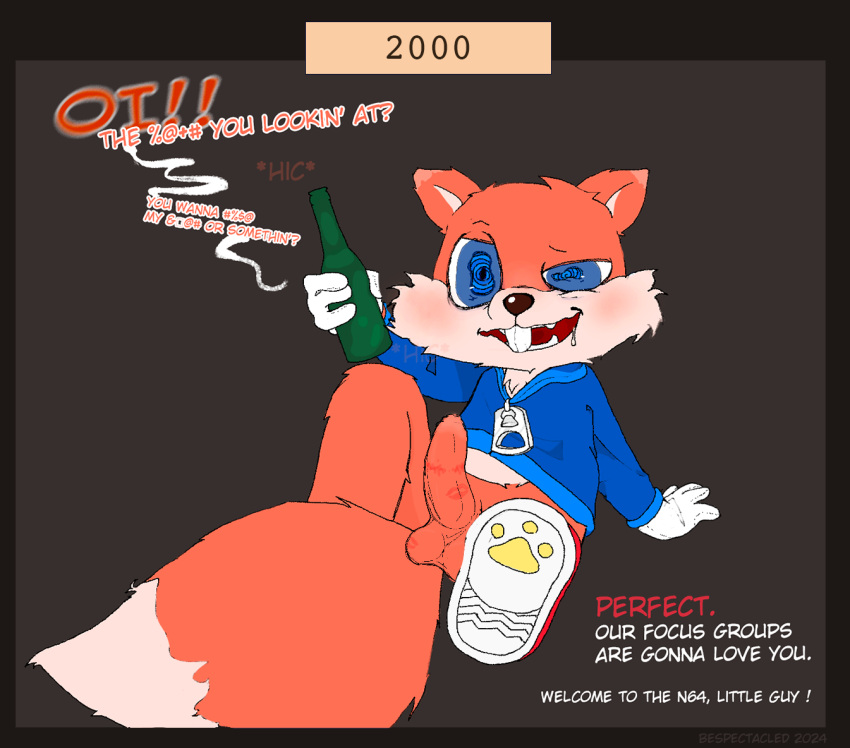 alcohol alcohol_bottle anthro beer bespectacled beverage blush bodily_fluids clothing conker conker's_bad_fur_day dialogue drooling drunk erection footwear fur genitals gloves handwear hoodie kiss_mark lipstick_on_penis male male_only mammal offscreen_character orange_body orange_fur penis profanity rareware rodent saliva sciurid shoes sneakers sneakers_without_bottomwear solo spiral_eyes substance_intoxication topwear tree_squirrel