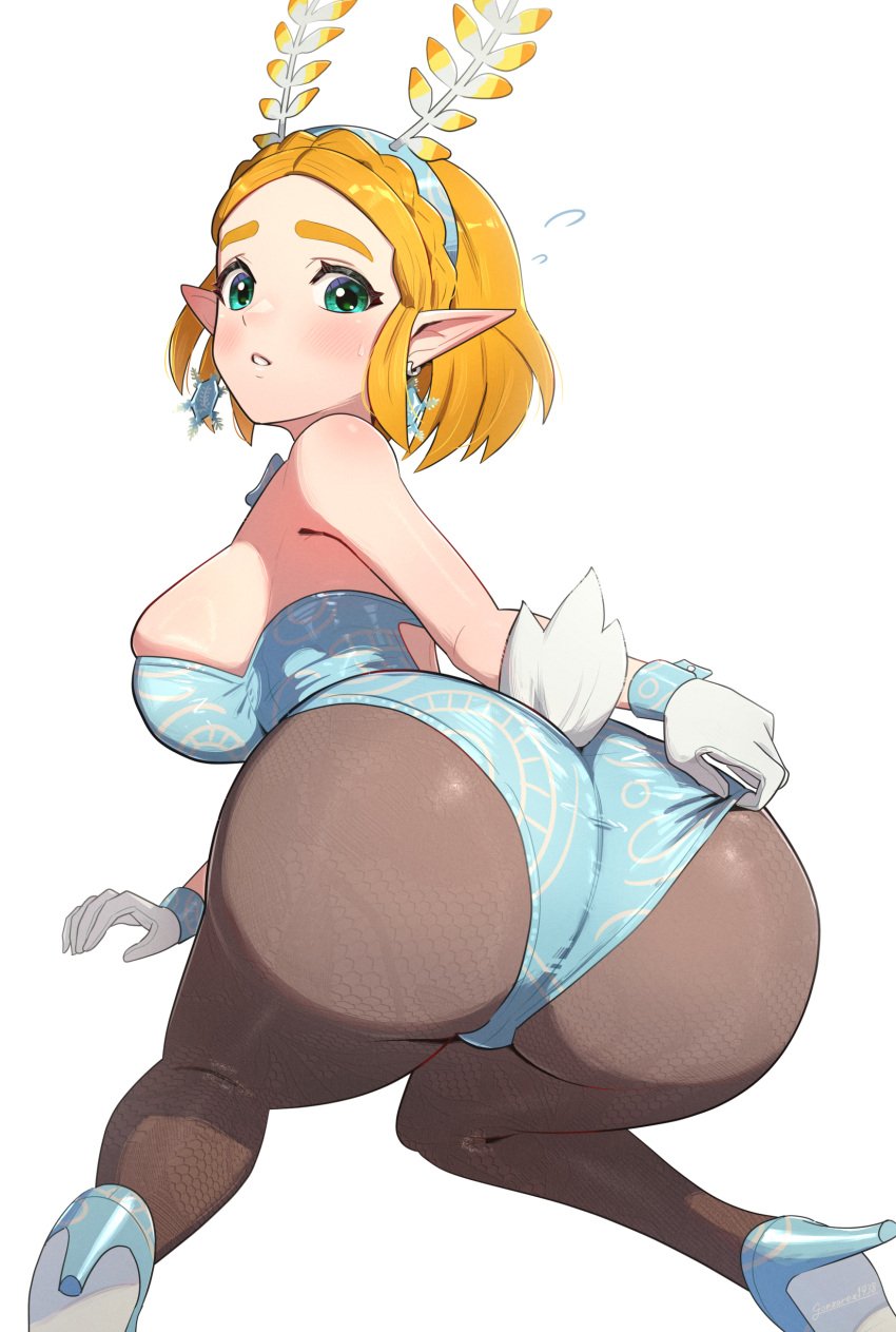 1girls ass ass_focus bending_over blonde_hair breasts bunny_ears bunny_girl bunnysuit dat_ass female gonzarez green_eyes high_heels huge_ass large_breasts nintendo pantyhose princess_zelda short_hair simple_background tears_of_the_kingdom the_legend_of_zelda thick_thighs zelda_(tears_of_the_kingdom)