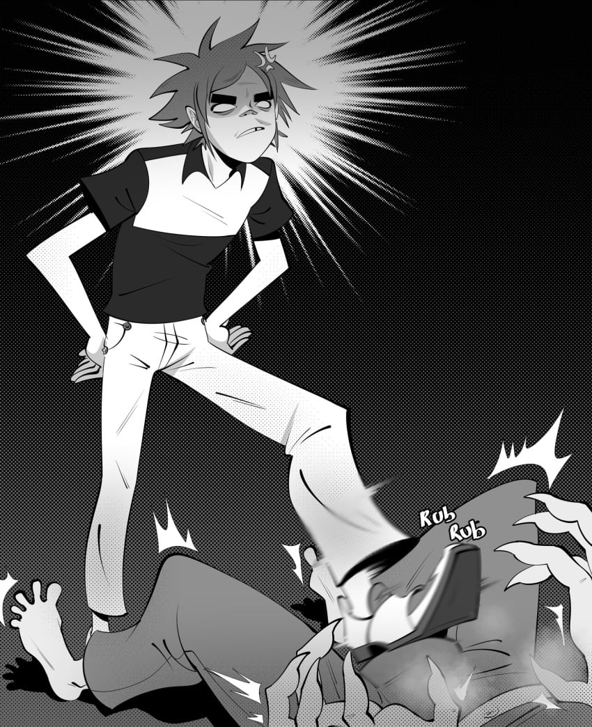 2boys 2d_(gorillaz) angry_face angry_sex barefoot belly_button black_and_white bulge bulge_through_clothing c0tt00n clawed_fingers clothed_erection domination face_hidden foot_on_penis frown fully_clothed gay gorillaz hands_on_hips hard_on hate_fuck murdoc_niccals no_hands no_shoes on_floor part1 pov rubbing shoes short_hair stepped_on stepping_on_penis suprised tick_mark twitching upset white_eyes