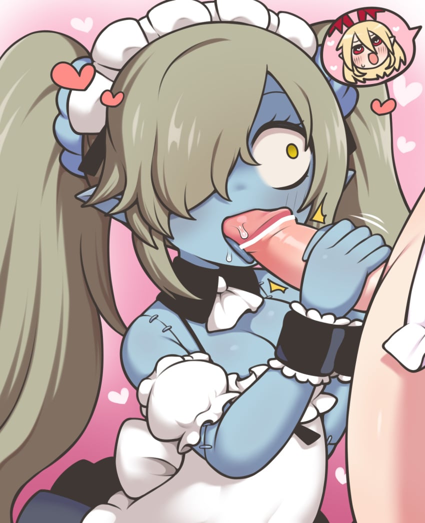 blowjob censored disgaea disgaea_1 disgaea_5 flonne flonne_(fallen_angel) futa_on_female futanari handjob maid maid_(disgaea) maid_headdress maid_uniform nippon_ichi_software penis rantanatan zombie_girl